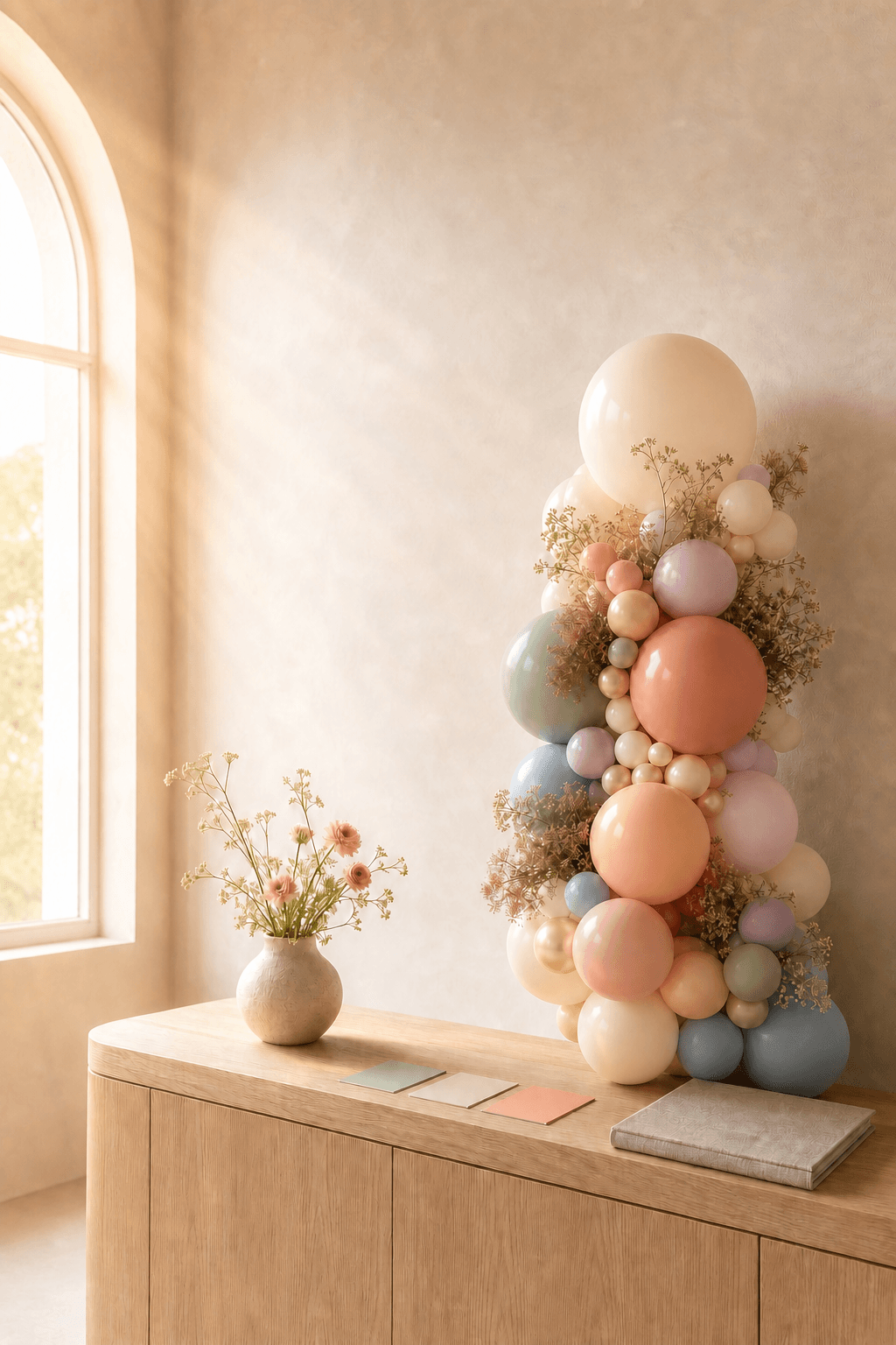Ruhiges, elegantes Designstudio mit einer skulpturalen Balloninstallation und ausgewählten Farbmustern